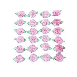 Pink Satin Ribbon Rose Appliques With Green Leaves For Crafting Sewing Decoratio